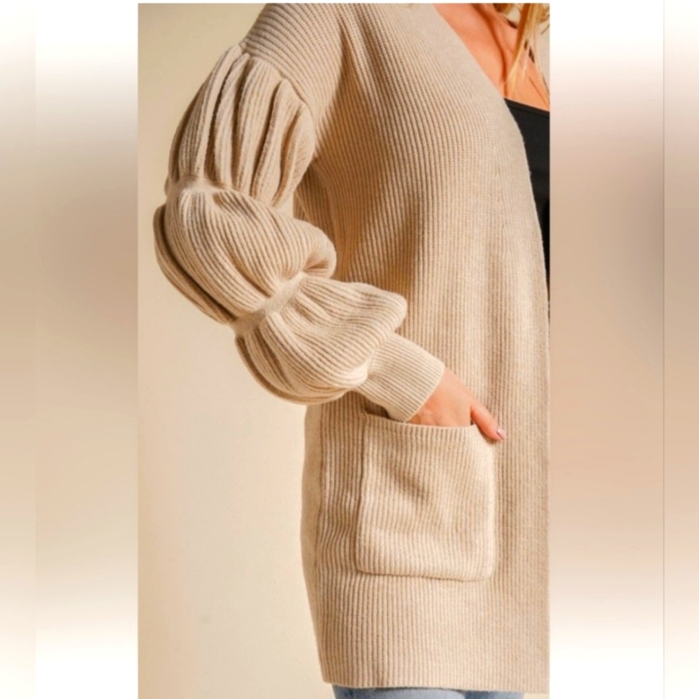 NEW Cardigan Sweater W/Pockets Beige Balloon Sleeve Detail - L - Picture 5 of 5